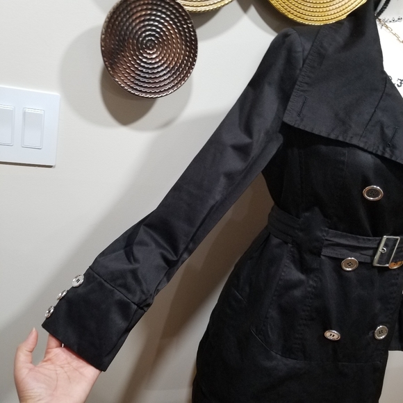CHARLES KLEIN Trech Coat Military Style Color Black SIZE S, with silver buttons. - Picture 7 of 17